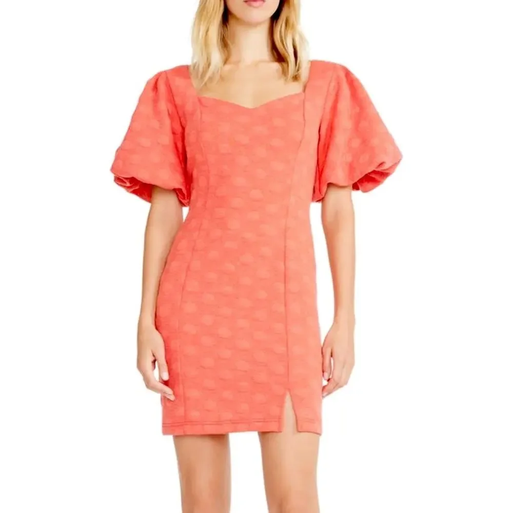 NWT Betsey Johnson Dot Jacquard Puff Sleeve Mini Dress Poppy Large XS - Picture 1 of 9